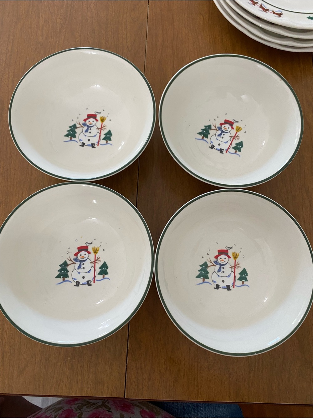 Pfaltzgraff Snowman Ceramic Cereal Bowls with Green Trim and Red Accents